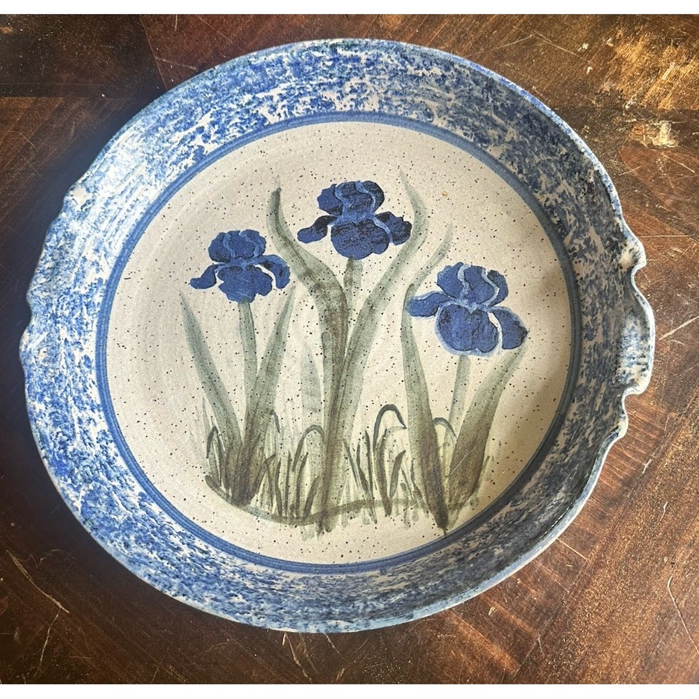 Pottery by Sugarcamp Glazed Stoneware Cobalt Blue Floral‎ Iris Pattern Dish